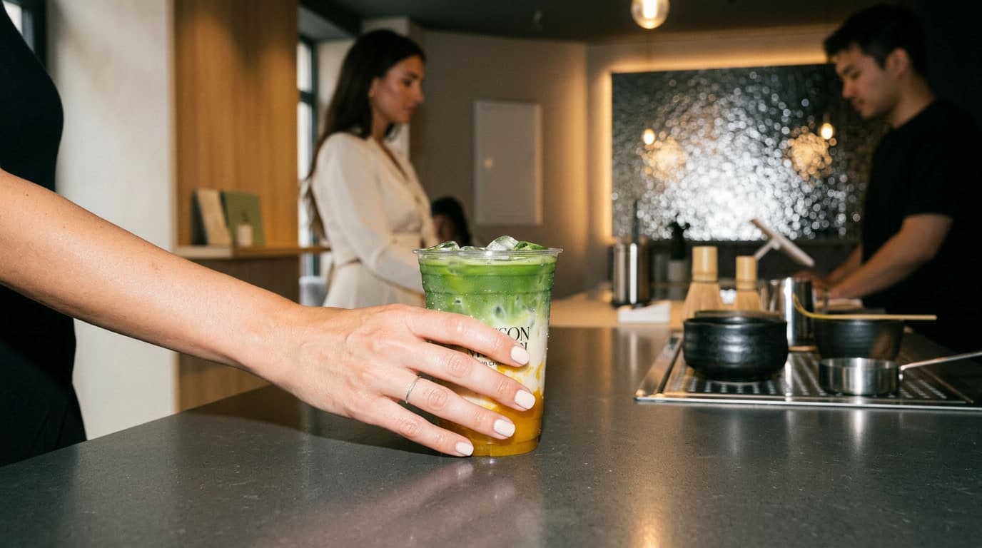 Hand greift nach einem geschichteten Mango Matcha auf der Theke im Maison Midori Bonn, im Hintergrund eine Kundin und der Barista bei der Arbeit.